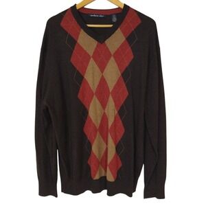 Northern Isles Sweater Men's XL Argyle Silk Cashmere Blend Brown Pullover Top